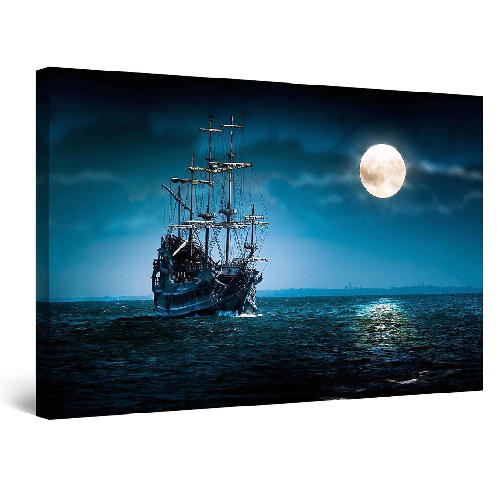 Ship and Moon on Blue Sea Painting の写真